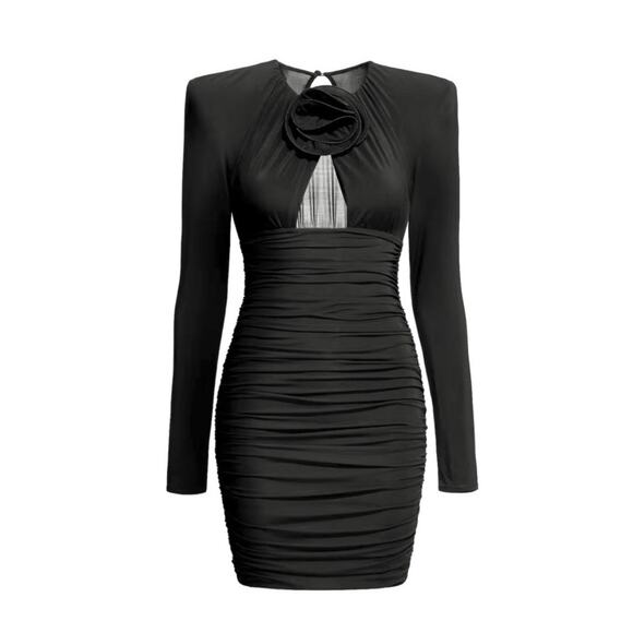 H&M Magda Butrym Rose-Appliquéd Black Dress With Shoulder Pads LARGE NWT - Picture 7 of 7